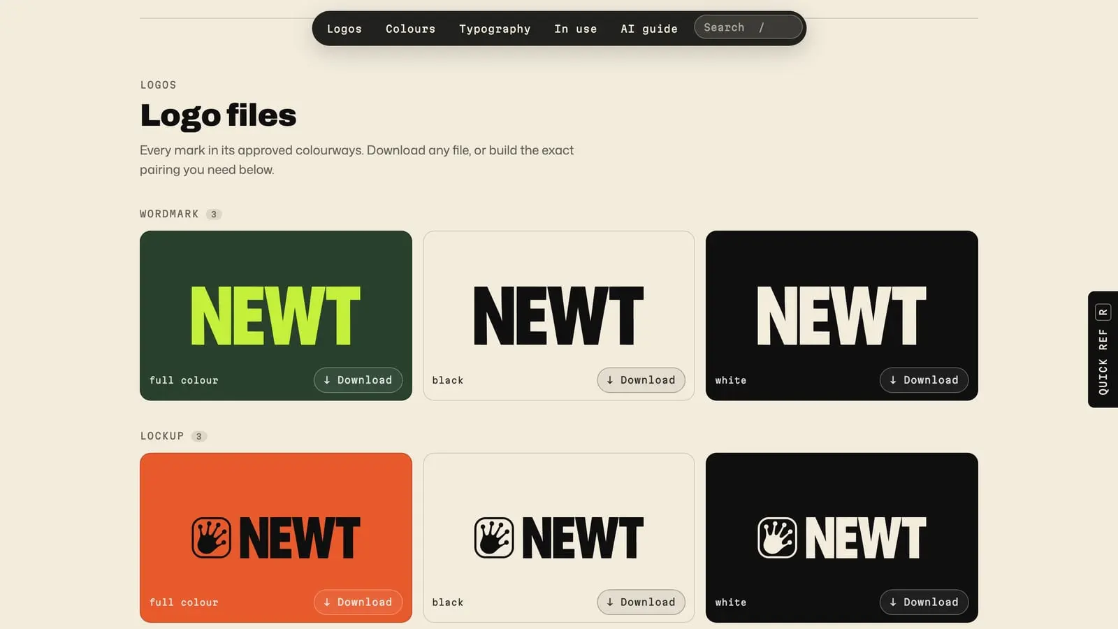 A brand hub’s Logo files section, shown with Newt’s own brand: the NEWT wordmark and lockup in six colorways, each with a Download button